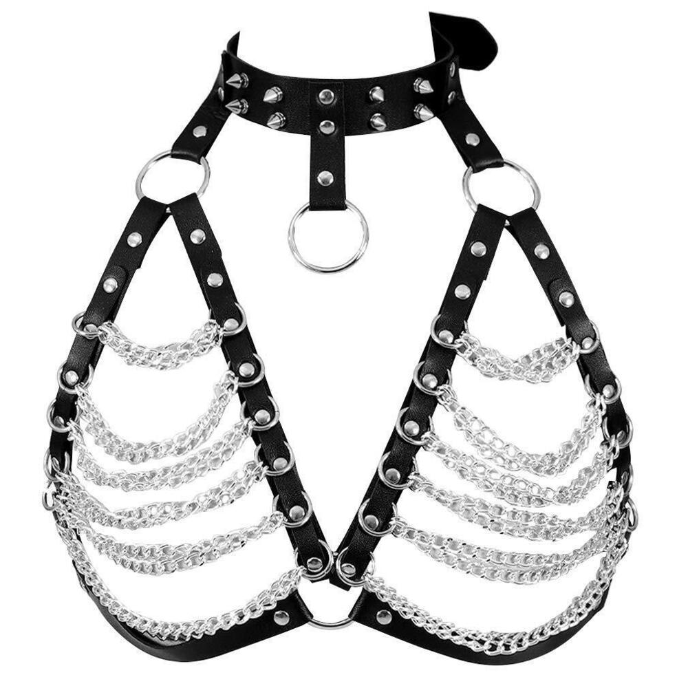 1305 Leather Body Harness Bra Punk Goth Tops Cage Strap Adjust Plus Size